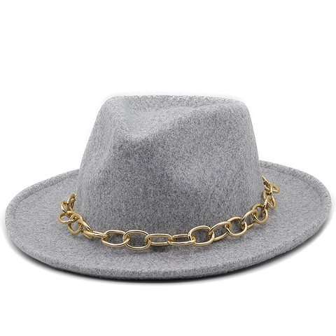 Cappello Fedora Da Donna Tesa Larga In Feltro Di Lana Con Catena In Metallo Dorato Stile Jazz Vintage Elegante Retro