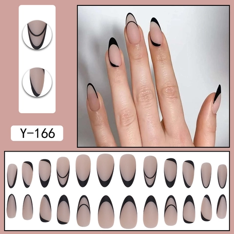 Uñas Postizas French Tip Nude Negro Líneas Curvas Larga Forma Almendra Mate Elegante Simple Puntas Uñas Artificiales