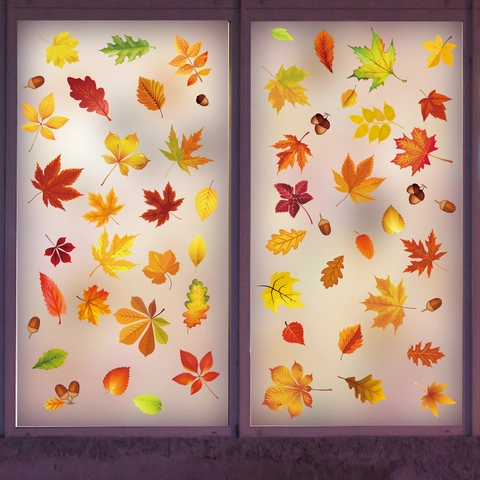 Stickers Fenêtre Automne Thanksgiving Double Face Statique PVC Feuilles Érable Citrouilles Gnomes Décoration Maison