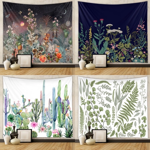 Arazzo Da Parete Artistico Poliestere Decorazione Stanza Acquerello Fiore Botanico Foglia Tropicale Cactus Sfondo