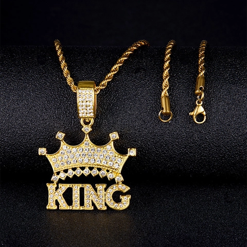 King Krone Anhänger Halskette Iced Out Strass Legierung Hip Hop Punk Schmuck Für Damen Herren