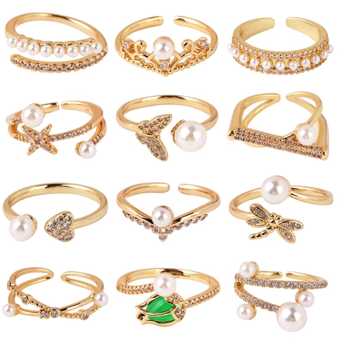 Anillo Ajustable De Moda Para Mujer Latón Perla Artificial Circón Incrustado Corazón Mariposa Corona Diseño Joyería Elegante
