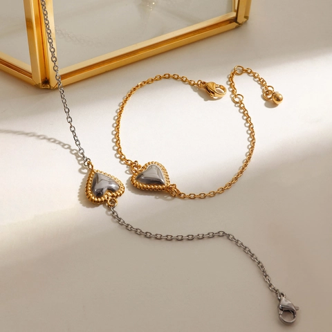 Bracciale Con Ciondolo A Cuore Acciaio Inossidabile Bicolore Trama Scanalata Gioielli Da Donna