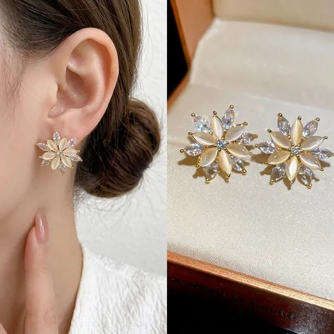 Boucles Oreilles Fleur Élégantes Avec Cuivre Zircon Pierre Oeil Chat Et Tige En Argent Style Français Bijoux Exquis