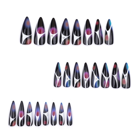 Unghie Finte Lunghe Stiletto Dark Y2K Nero Nebulosa Aurora Smudge Con Strass Unghie Artificiali Per Donne