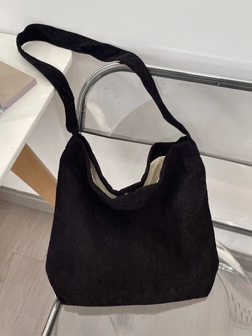 Corduroy Tote Bag For Women Large Capacity Vintage Solid Black Shoulder Bag Korean Style Student Daily School Handbag