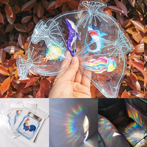 Holographic Rainbow Suncatcher Static Window Sticker PVC Prism Decal Anti-Collision Mushroom Moon Phase Decorative