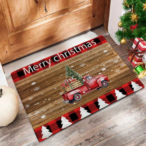 Kerst Deurmat Antislip Polyester Rode Vrachtwagen Kerstboom Houtnerf Geruit Vloerkleed Voor Ingang Keuken