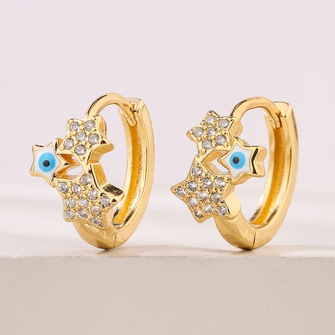 Pendientes Huggie De Cobre Chapado En Oro Evil Eye Star Con Circonita Cúbica Esmalte Colgante Joyas Mujer
