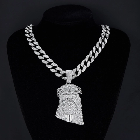 Jesus Head Pendant Necklace Alloy Rhinestone Iced Out Cuban Chain Hip Hop Religious Jewelry For Men Women Punk Style