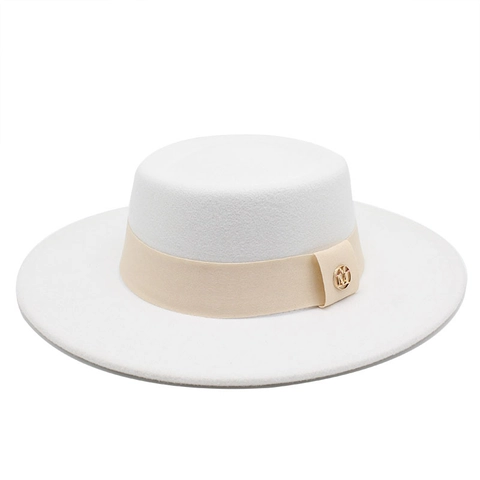 Damen Eleganter Wollfilz Flachdeckel Hut Französischer Stil Breite Krempe Retro Boater Mit Beigem Band Gold M Logo Herbst Winter