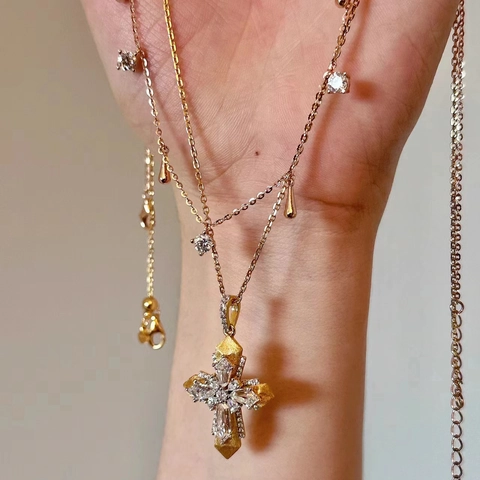 Vintage Kupfer Kreuz Anhänger Layered Halskette Mit Strass Für Damen Italienische Gebürstete Vatikan Stil Mode Schmuck