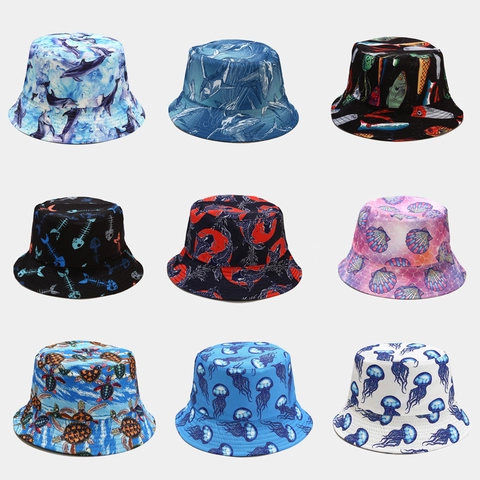 Cappello Alla Pescatora Reversibile Cotone Poliestere Stampa Animali Marini Squalo Medusa Tartaruga Cappello Sole Unisex
