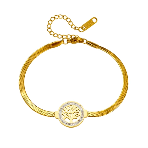 Pulsera Árbol De La Vida Acero Inoxidable Con Colgante Redondo Circonita Cadena Serpiente Chapada En Oro Joyería Mujer