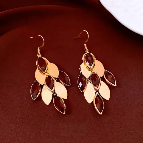 Vintage Dangle Earrings 18K Gold Plated Copper Leaf Waterdrop Layered Glass Pendant Jewelry For Women Bohemian