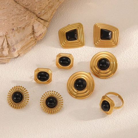 Vintage Geometrischer Schmuck Für Frauen Edelstahl 18K Vergoldet Schwarz Harz Edelstein Ohrringe Ring Armband Accessoire