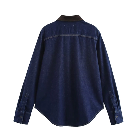 Dames Denim Overhemd Lange Mouwen Contrast Bruine Kraag Losse Pasvorm Vintage Stijl Blouse Donkerblauw