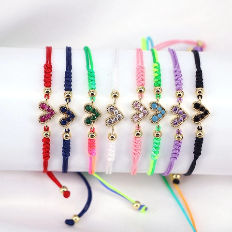 Handmade Braided Rope Heart Bracelet For Women Copper Colorful Zirconia Inlaid Adjustable Lucky Fashion Jewelry Bracelet
