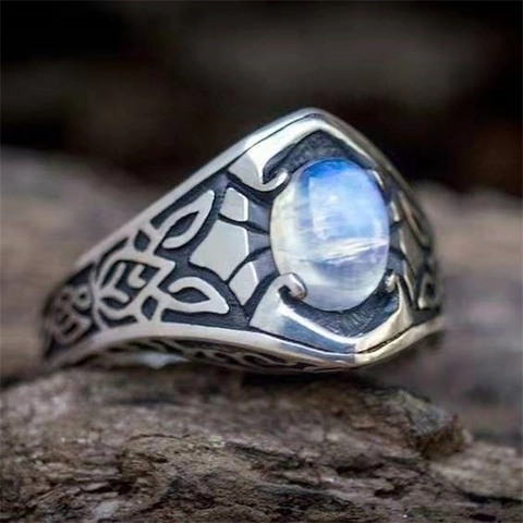 Bague Rétro Avec Pierre De Lune Ovale Alliage Vintage Nœud Celtique Gravé Couleur Argent Style Bohème Femmes