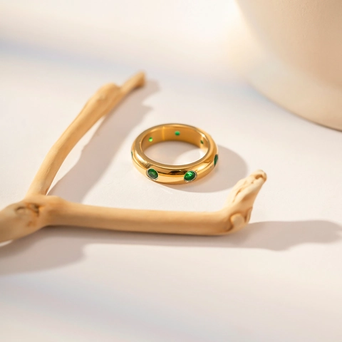 Anello In Acciaio Inossidabile Minimalista Con Zirconia Rotonda Verde Intarsiata Gioielli Di Moda Per Donna