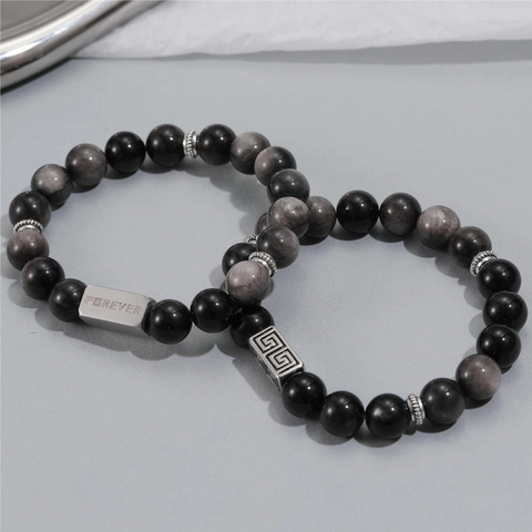 Natürliches Obsidian Perlenarmband Für Damen Herren Titanstahl Forever Buchstaben Charm Pärchen Armband Vintage Steinschmuck