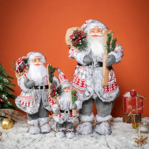 Babbo Natale Bambola Statuetta Con Vestiti In Maglia Pelliccia Sintetica Sci In Legno Sacco Di Iuta Decorazione Nordica