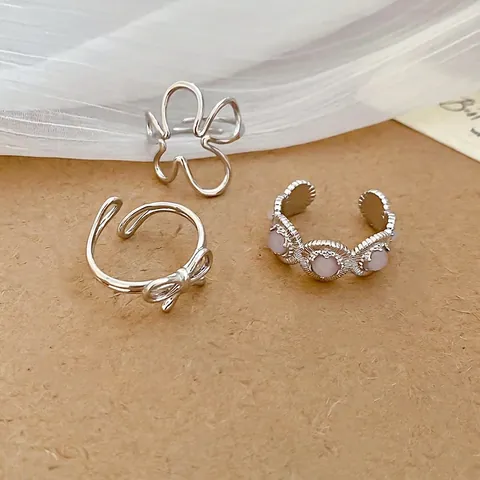 Hohlblumen Schleife Und Harzperlen Offener Verstellbarer Ring Texturiertes Kupferband Vintage Eleganter Schmuck Damen