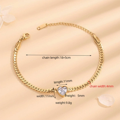 Bracelet Zircone En Forme De Coeur Femmes Acier Inoxydable 304 Plaqué Or 18K Bijoux Mode Élégants