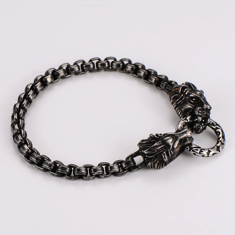 Bracelet Chaîne Double Tête De Lion Vintage Acier Inoxidable 304 Punk Hip Hop Gothique Bijoux Motard Pour Hommes