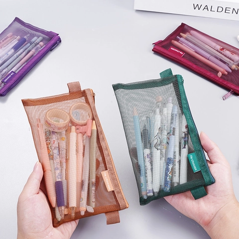 Transparent Mesh Pencil Case Nylon Stationery Pouch Large Capacity Zipper Portable For Student School Office Simple