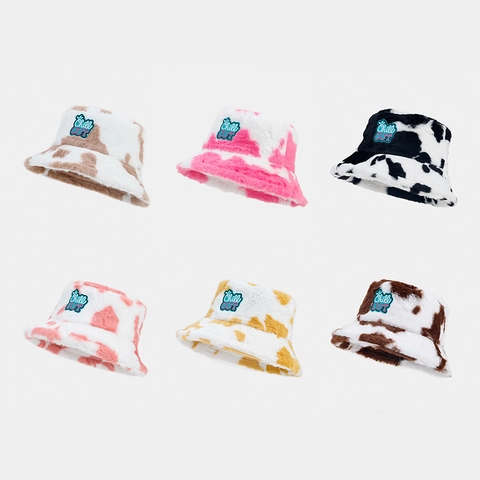 Cappello Pescatora Peluche Stampa Muccata Chill Out Ricamo Inverno Caldo Pelliccia Donna