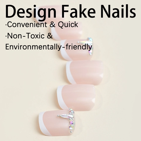 French White Tip Strass Aufpressen Fußnägel Nude Pink Quadratische Falsche Nägel Für Frauen Tragbare Maniküre