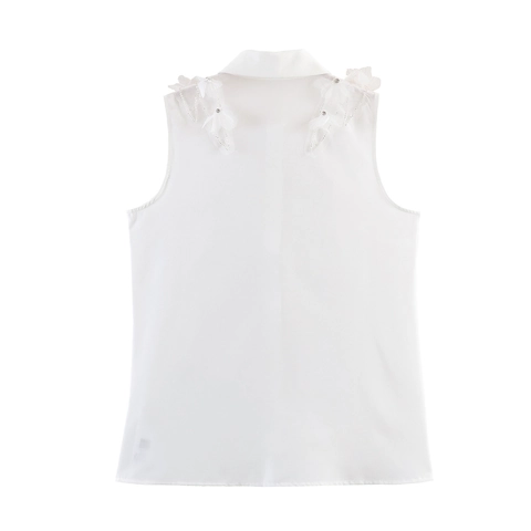 Ärmellose Bluse Damen Weiß Polo Kragen 3D Blumen Applikation Perlen Strass Hemd Süß Elegant Knopfleiste Top