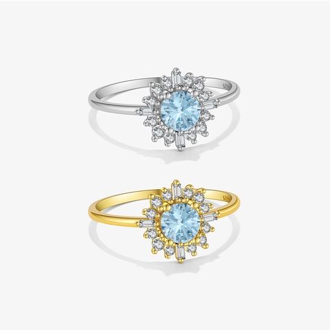 Anello in Argento Sterling S925 con Zirconia Blu Design Geometrico Floreale a Girasole Gioielli da Dito Intarsiati Galvanici Donna Gioielli