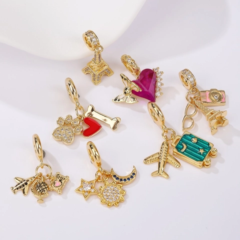Travel Diary Pendants 18K Gold Plated Copper Zircon Enamel Eiffel Tower Plane Heart For Necklace Bracelet