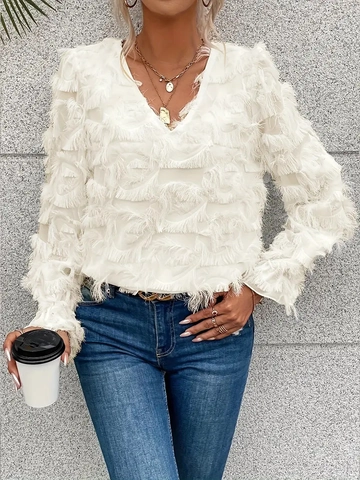 Blusa Elegante Con Scollo A V Da Donna Manica Lunga Volant Nappine Texture Piuma Tinta Unita Camicia Pullover
