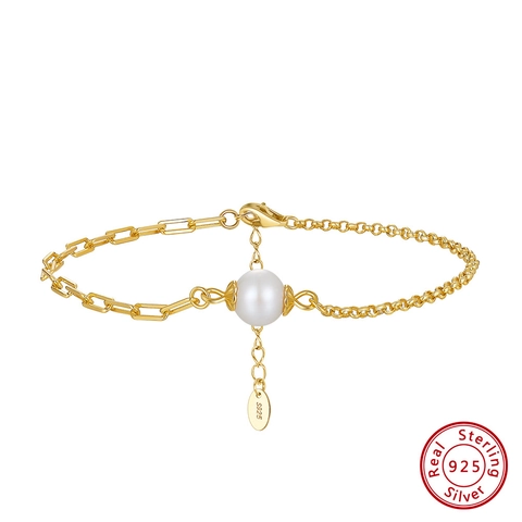 Pulsera de Plata de Ley S925 Chapada en Oro Con Perla de Agua Dulce para Mujer Collar de Cadena de Clip Minimalista Joyería