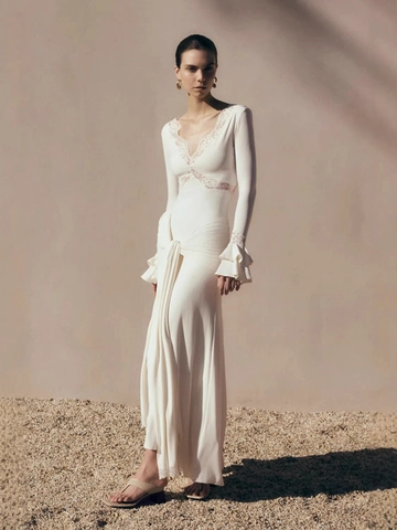 Women's Lace Stitching Maxi Dress V-Neck Flare Sleeve Elegant Slim Fit Waist Draped Polyester White