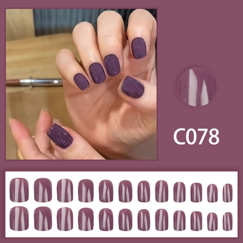 Uñas Postizas A Presión Púrpura Oscuro Brillante Cuadradas Cortas Color Sólido Puntas De Uñas Desmontables Accesorio Manicura DIY