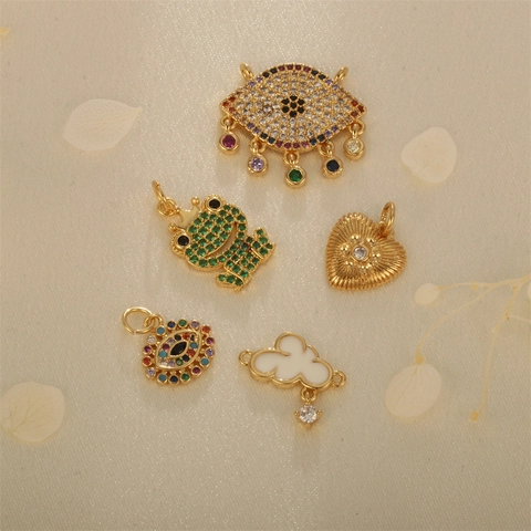 Copper Gold Plated Cubic Zirconia Charms For Jewelry Making DIY Pendants With Evil Eye Heart Lips Frog Key Pineapple Shapes