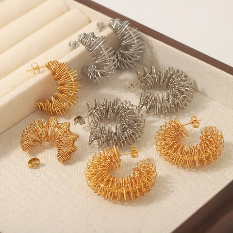 Hoop Ohrringe 18K Vergoldet Edelstahl Spiral Drahtgewickelt Hohl Unregelmäßig Geometrisch Vogelnest Stil Schmuck Frauen