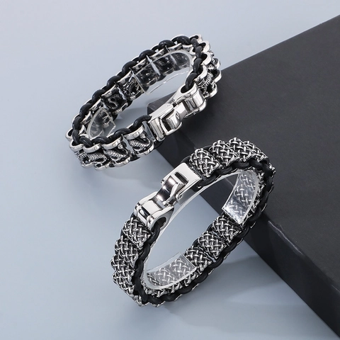 Bracciale In Pelle Intrecciata Con Motivo Drago Acciaio Inossidabile 316L Punk Gioielli Biker Vintage Per Uomini
