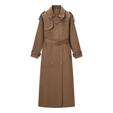 Lange Suede Trenchcoat Voor Dames Dubbelrijige Windjack Met Riem Elegante Revers Lange Mouwen Camel