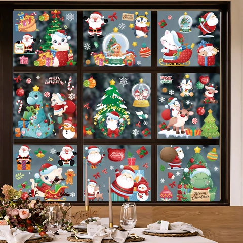 Weihnachten Fensteraufkleber PVC Statisch Haftend Weihnachtsmann Rentier Dinosaurier Pinguin Katze Schneemann Cartoon Glas Deko