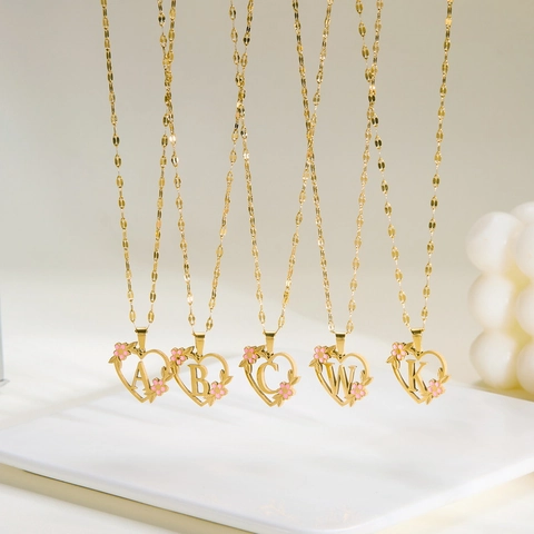 Collier Pendentif Lettre Coeur Acier Inoxydable Fleur Rose Émail Bijoux Romantiques Cadeau Pour Femmes Filles