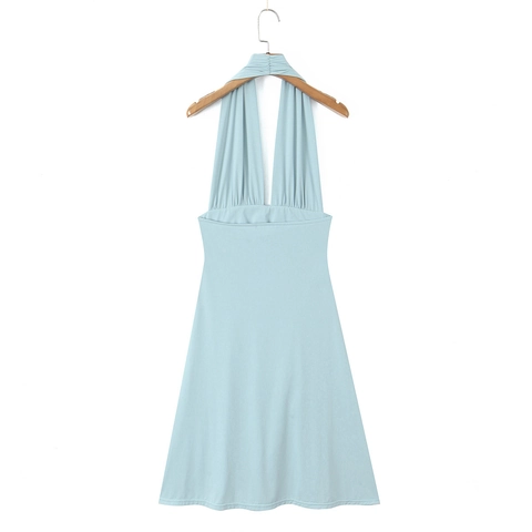 Mini Vestido Cuello Halter Escote En V Profundo Espalda Al Aire Dobladillo De Volantes Irregular Sin Mangas Nailon Elastano Sexy Verano Mujeres