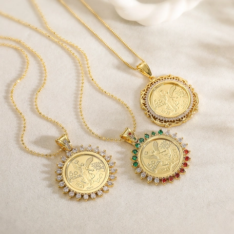 Vergoldete Kupfer Münze Anhänger Halskette Vintage Mexiko Pesos Replik Medaillon Zirkonia Nischen Damen Schmuck