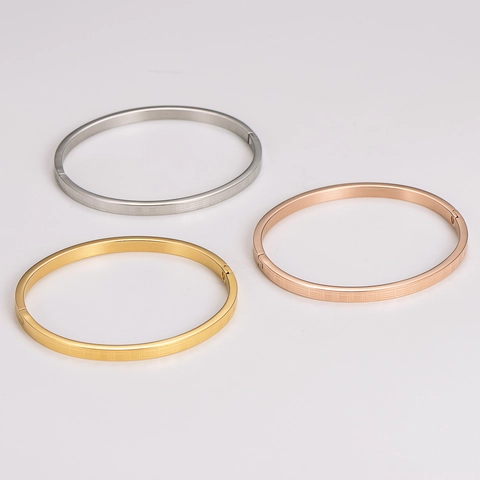 Stainless Steel Bangle Bracelets Gold Rose Gold Silver Tri-Color Grid Pattern Engraved Minimalist Fashion Jewelry