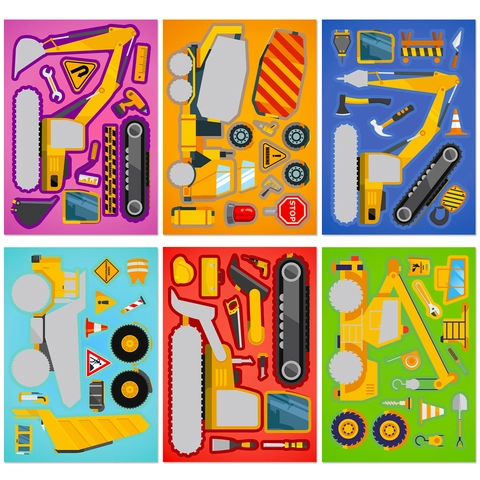 Engineering Truck DIY Face Changing Stickers Excavator Construction Vehicle Puzzle Graffiti Cartoon Toys For Kids Educational Creative