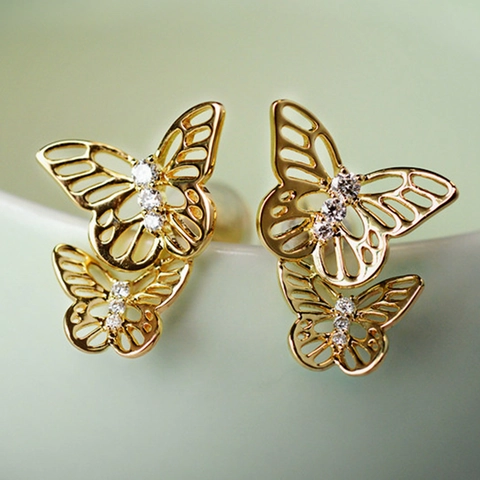 Butterfly Stud Earrings Brass Cubic Zirconia Double Layer Hollow Gold Color Elegant Fashion Jewelry For Women Girls